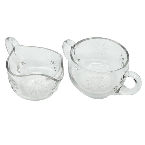 Vintage Mid Century Modern ATOMIC STARBURST Clear Cut Glass Cream & Sugar Set - Picture 1 of 3
